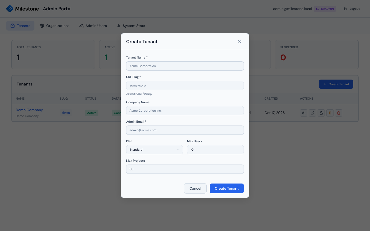 Create Tenant modal in the admin portal