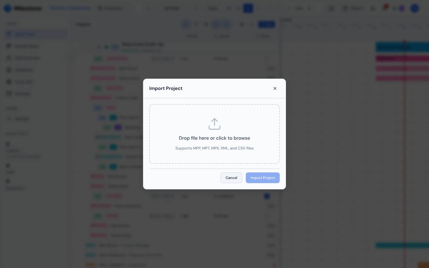 Import Project modal with the drop zone for CSV/XML/MPP files