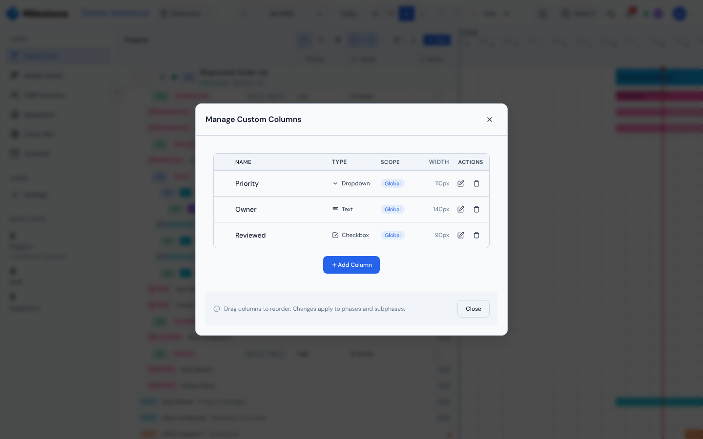 Manage Custom Columns modal with reorder handles and edit/delete actions