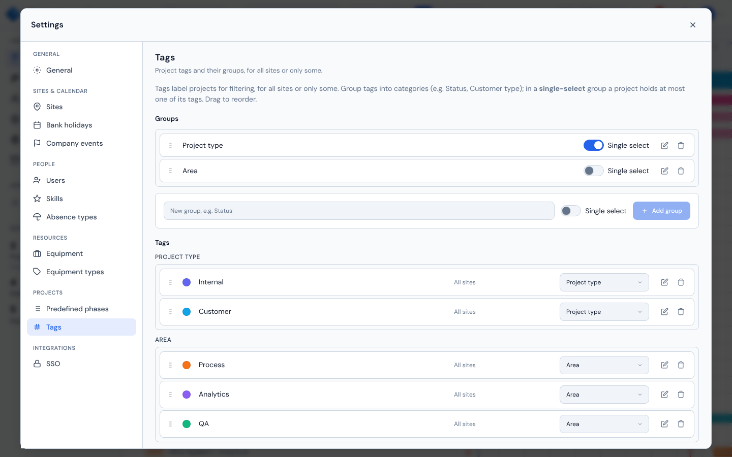 Settings → Tags: tag groups with single-select toggles, and tags listed per group